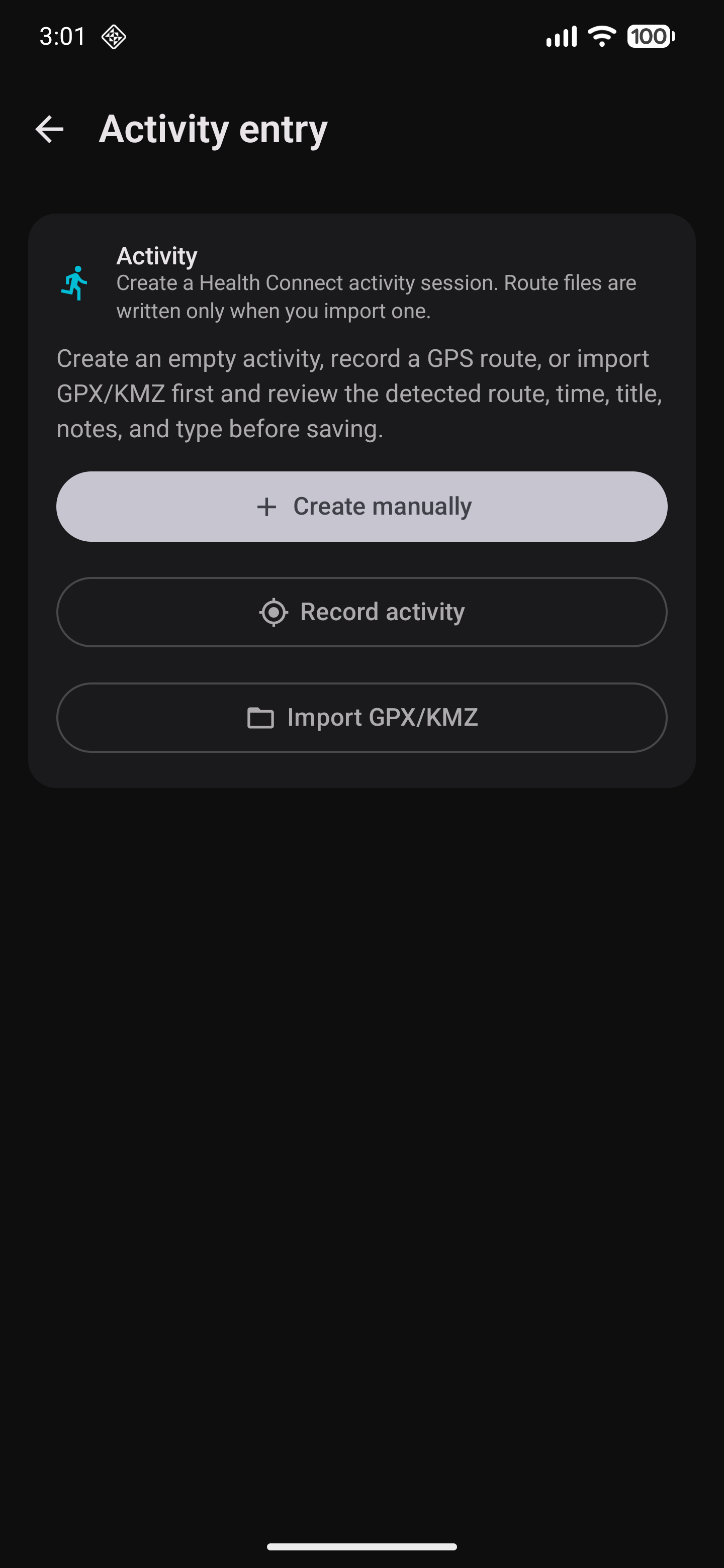 Activity entry options