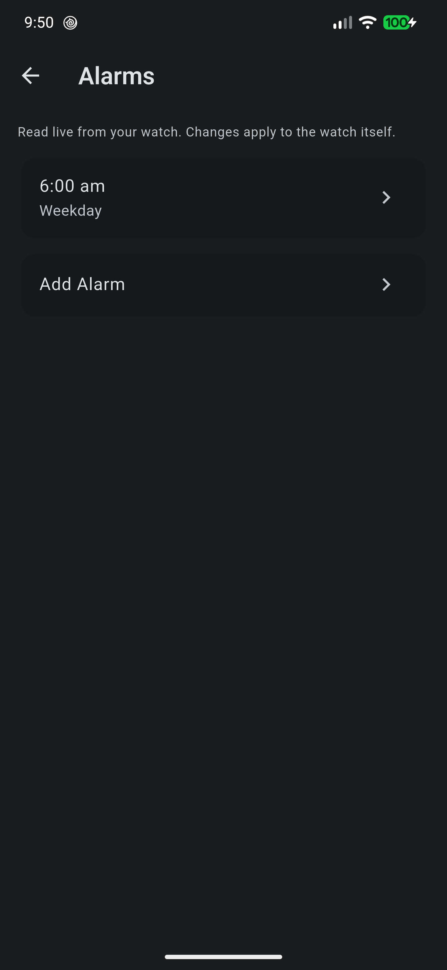 The alarm list read from the watch