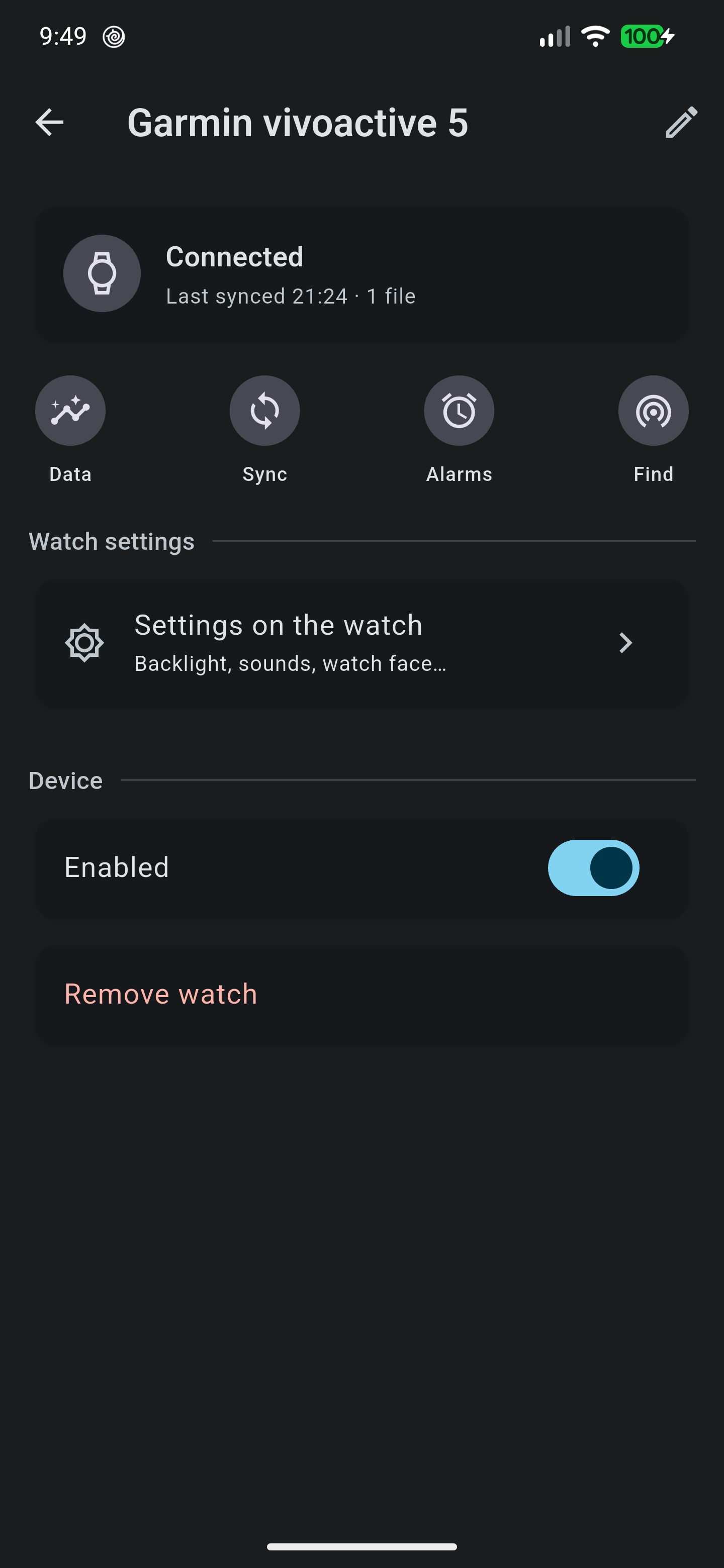 A paired watch, showing Data, Sync, Alarms and Find
