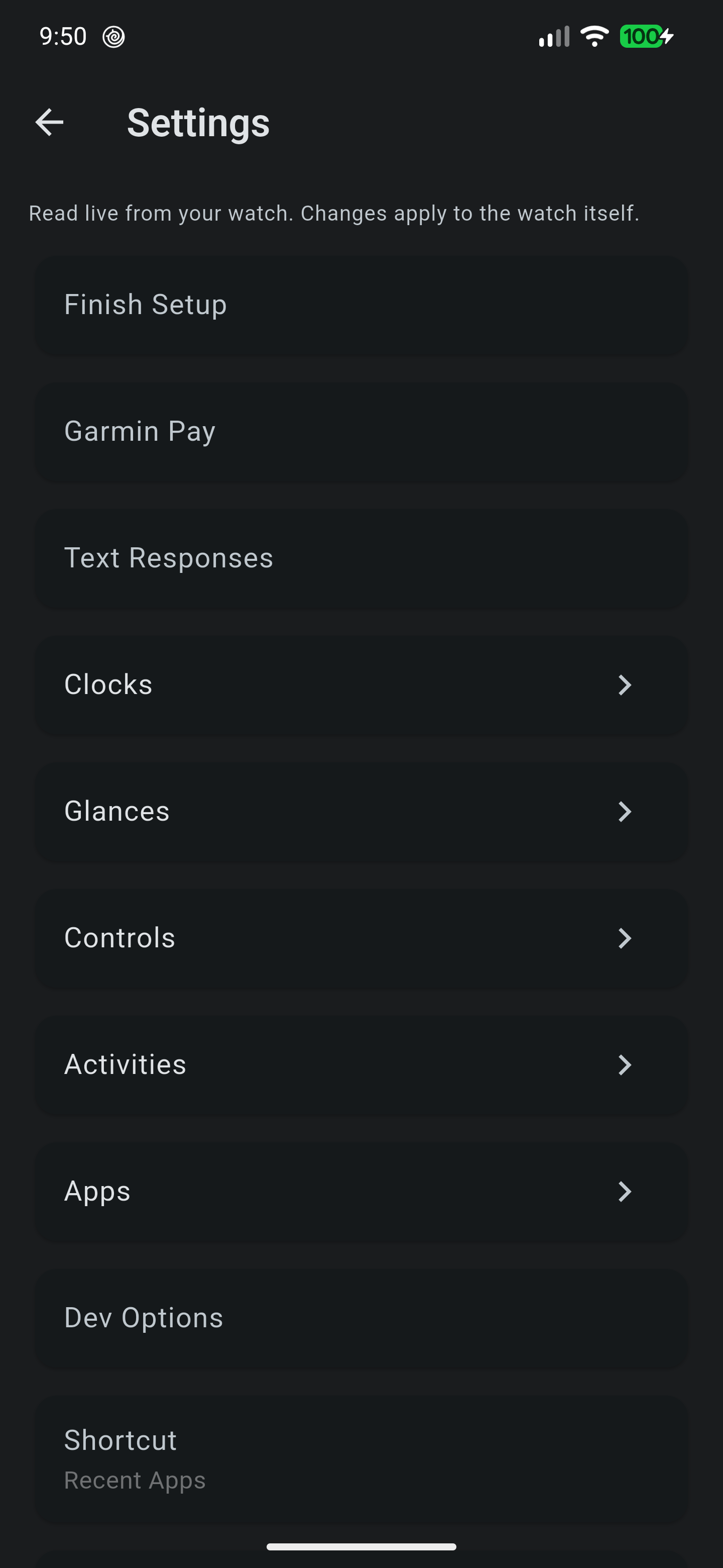 The watch's own settings tree